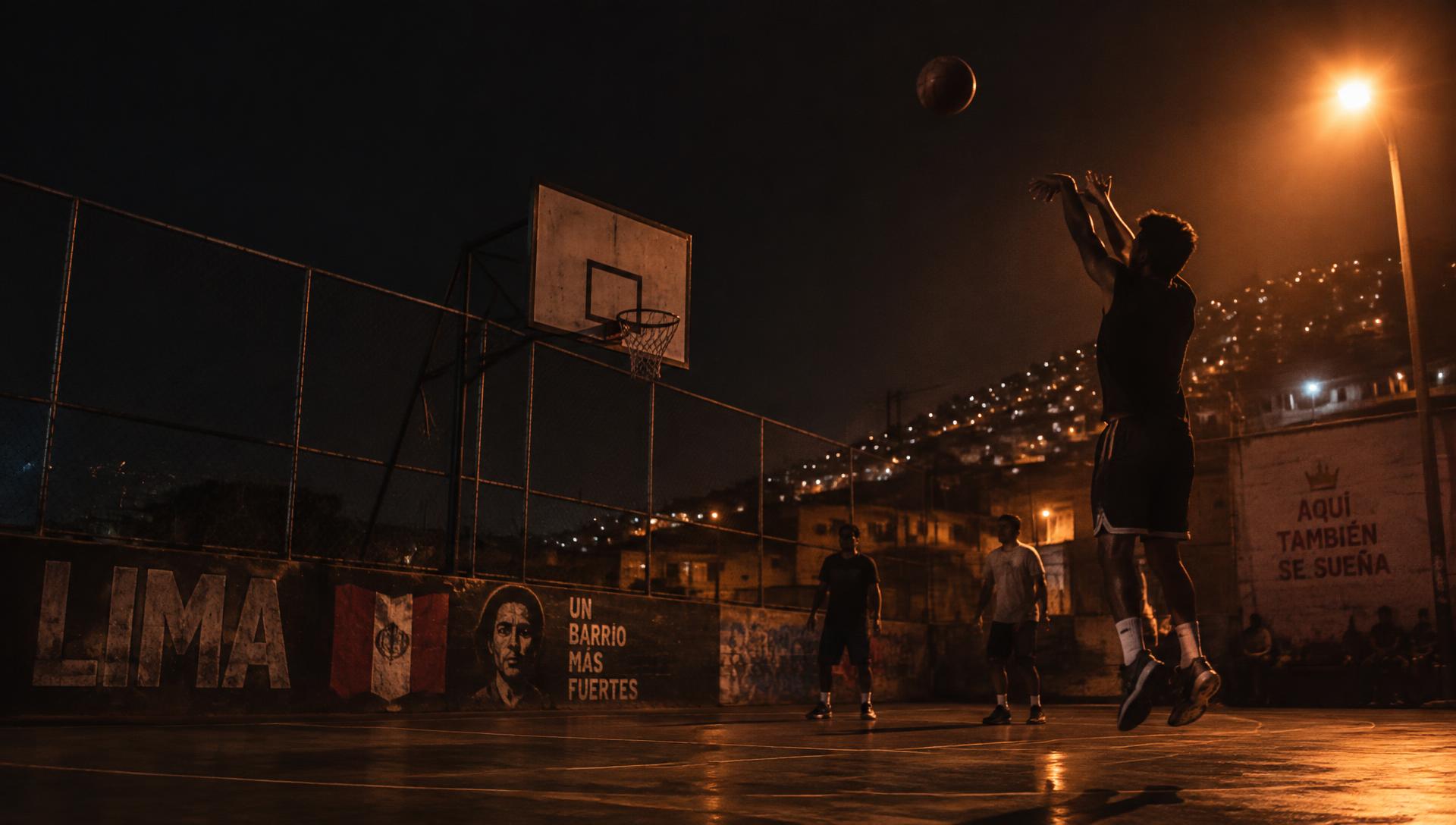 Jugador lanzando en una cancha nocturna de Lima